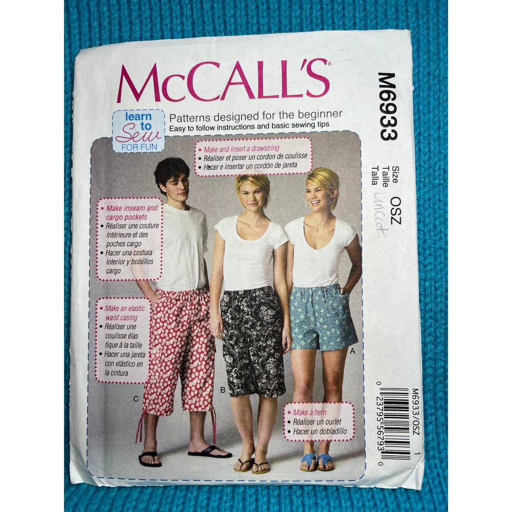 McCalls 6933 unisex cargo pants shorts sewing pattern size XS-XL